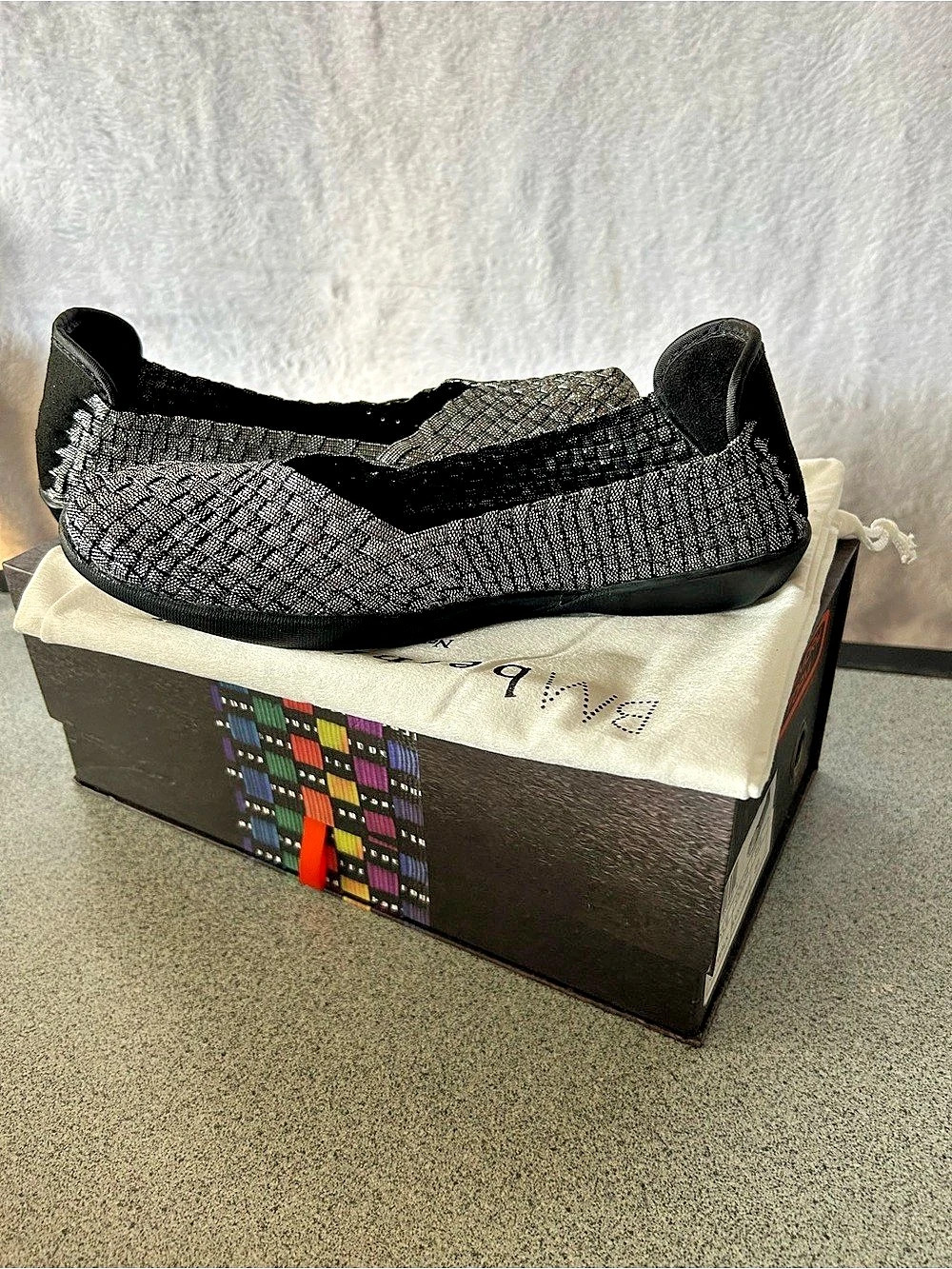 Bernie Mev Catwalk Woven Ballet Flats Black Silver Metallic NWB 37EU/6 Women’s